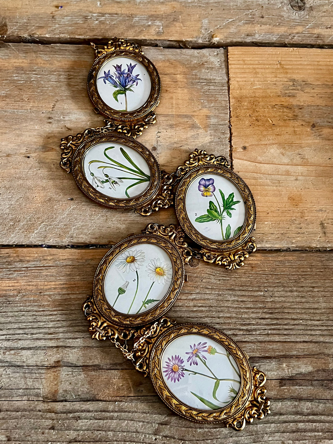 &amp;nbsp;goudkleurige kettinglijstjes, vintage fotolijstjes jaren 70, ovale fotolijsten aan elkaar, retro wanddecoratie, kettinglijst voor foto’s, jaren 80 fotolijstjes, vintage fotopresentatie, decoratieve fotolijstjes