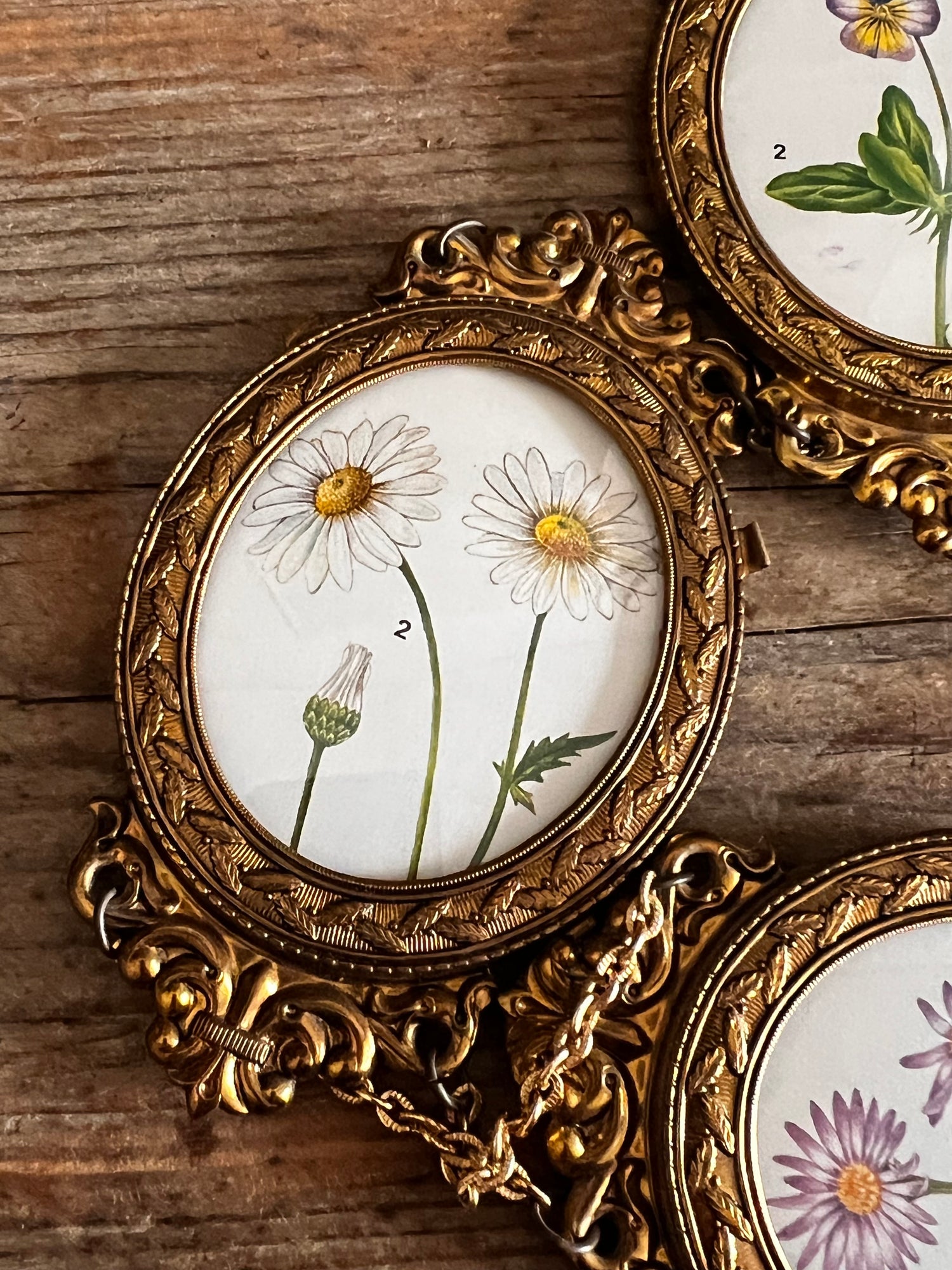 &amp;nbsp;goudkleurige kettinglijstjes, vintage fotolijstjes jaren 70, ovale fotolijsten aan elkaar, retro wanddecoratie, kettinglijst voor foto’s, jaren 80 fotolijstjes, vintage fotopresentatie, decoratieve fotolijstjes
