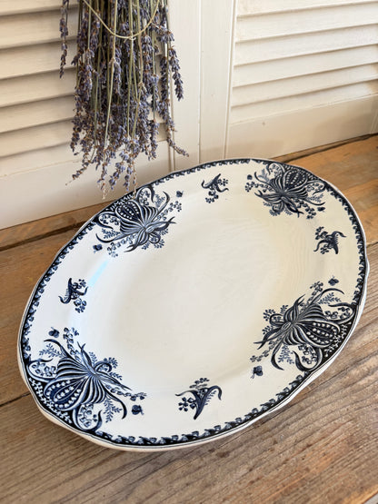 Antieke Nimy serveerschaal, Manufacture  Imperiale et Royale de Nimy, Muget servies, blauw wit transferware, vintage serveerschaal, Cote d&