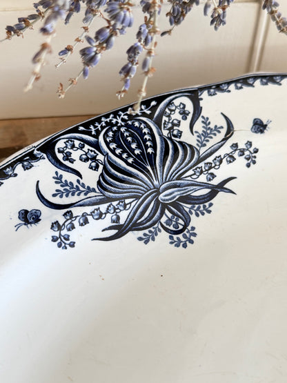 Antieke Nimy serveerschaal, Manufacture  Imperiale et Royale de Nimy, Muget servies, blauw wit transferware, vintage serveerschaal, Cote d&