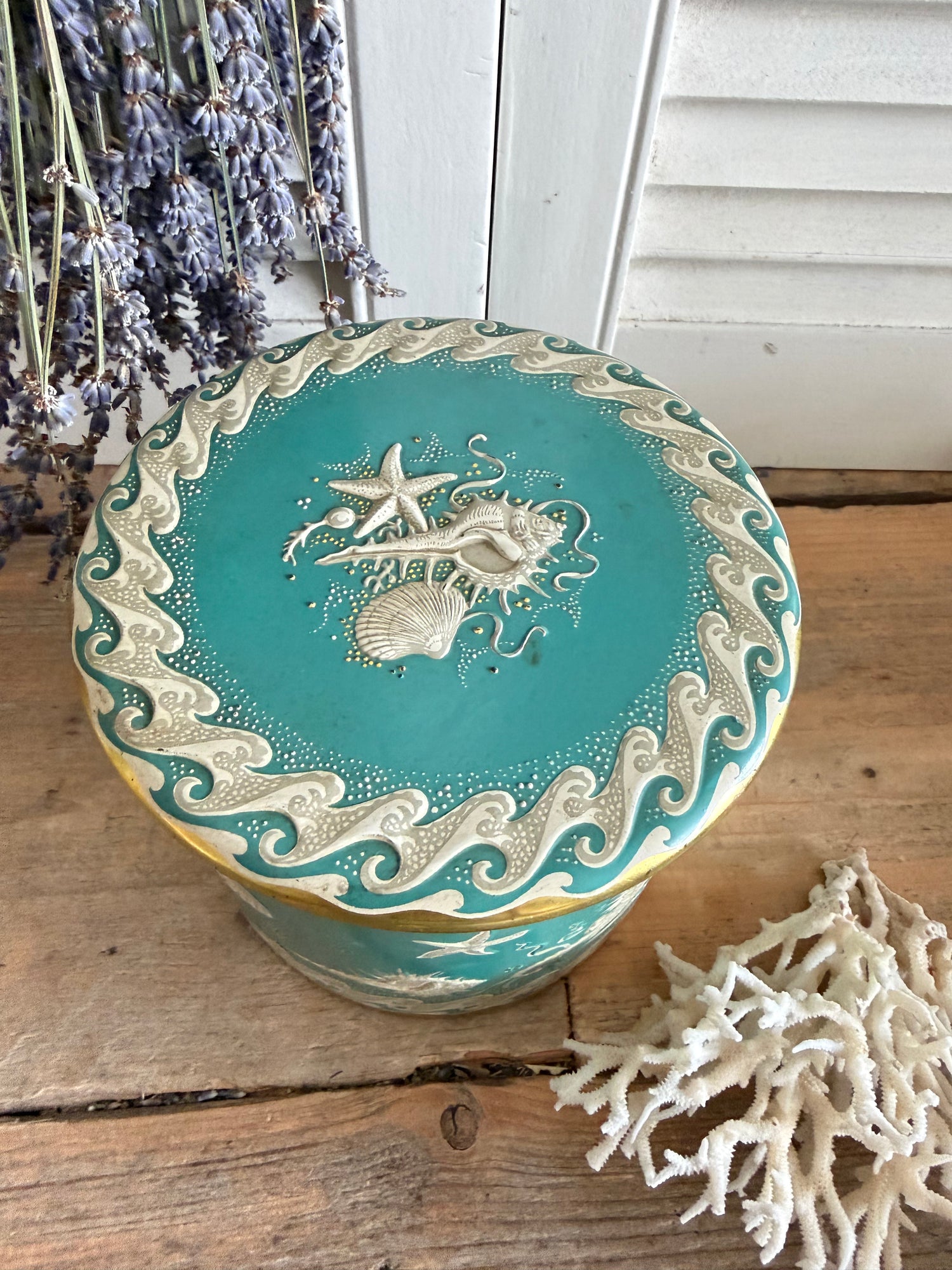 Vintage blik, zeegroen, retro blik, maritiem blik, zeepaardjes, Sofia&