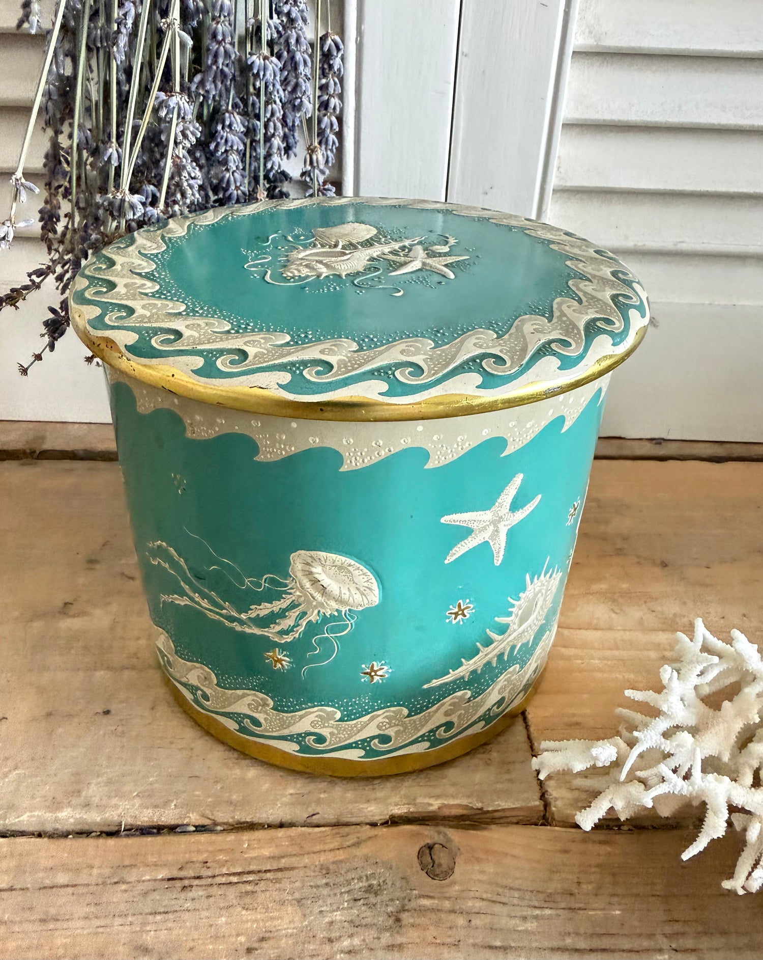Vintage blik, zeegroen, retro blik, maritiem blik, zeepaardjes, Sofia&