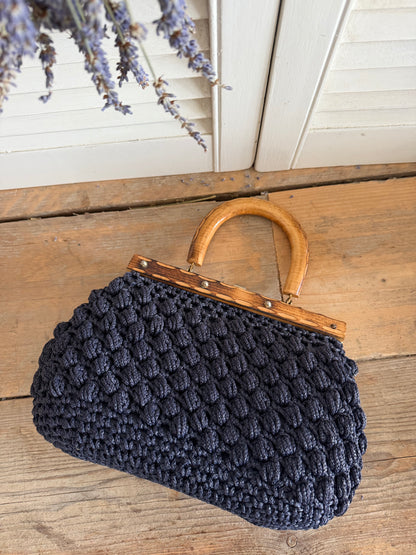 Vintage handtas, raffia tas, jaren 50 handtas, blauwe vintage tas, klassieke damestas, Franse vintage stijl, Sofia&