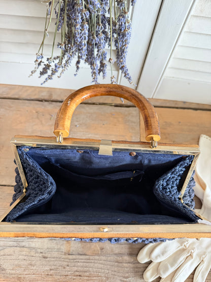 Vintage handtas, raffia tas, jaren 50 handtas, blauwe vintage tas, klassieke damestas, Franse vintage stijl, Sofia&