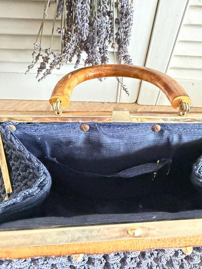 Vintage handtas, raffia tas, jaren 50 handtas, blauwe vintage tas, klassieke damestas, Franse vintage stijl, Sofia&