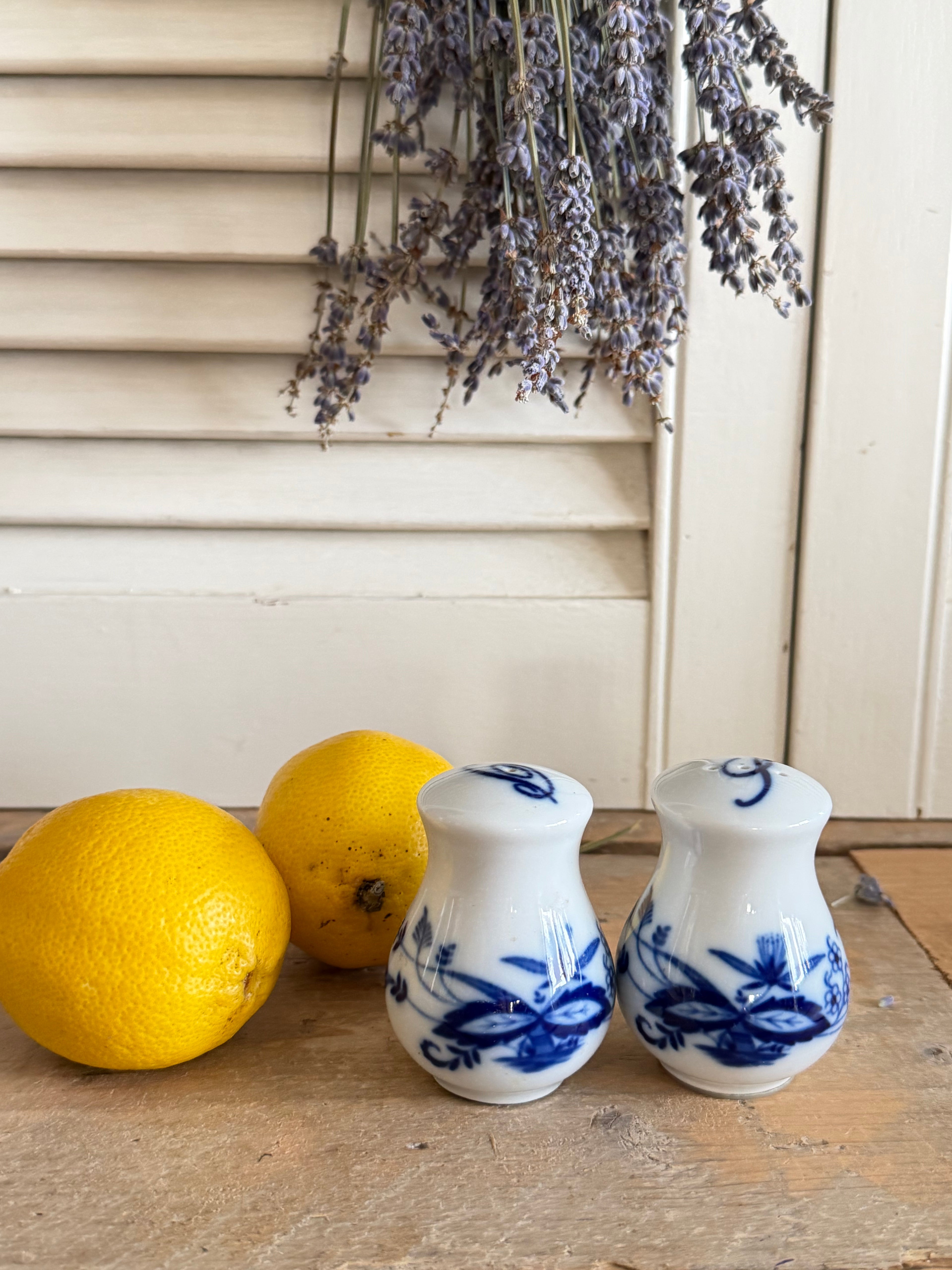 Vintage peper- en zoutstel, Zwiebelmuster, Blue Onion, peper- en zoutstrooiers, landelijk servies, Sofia&