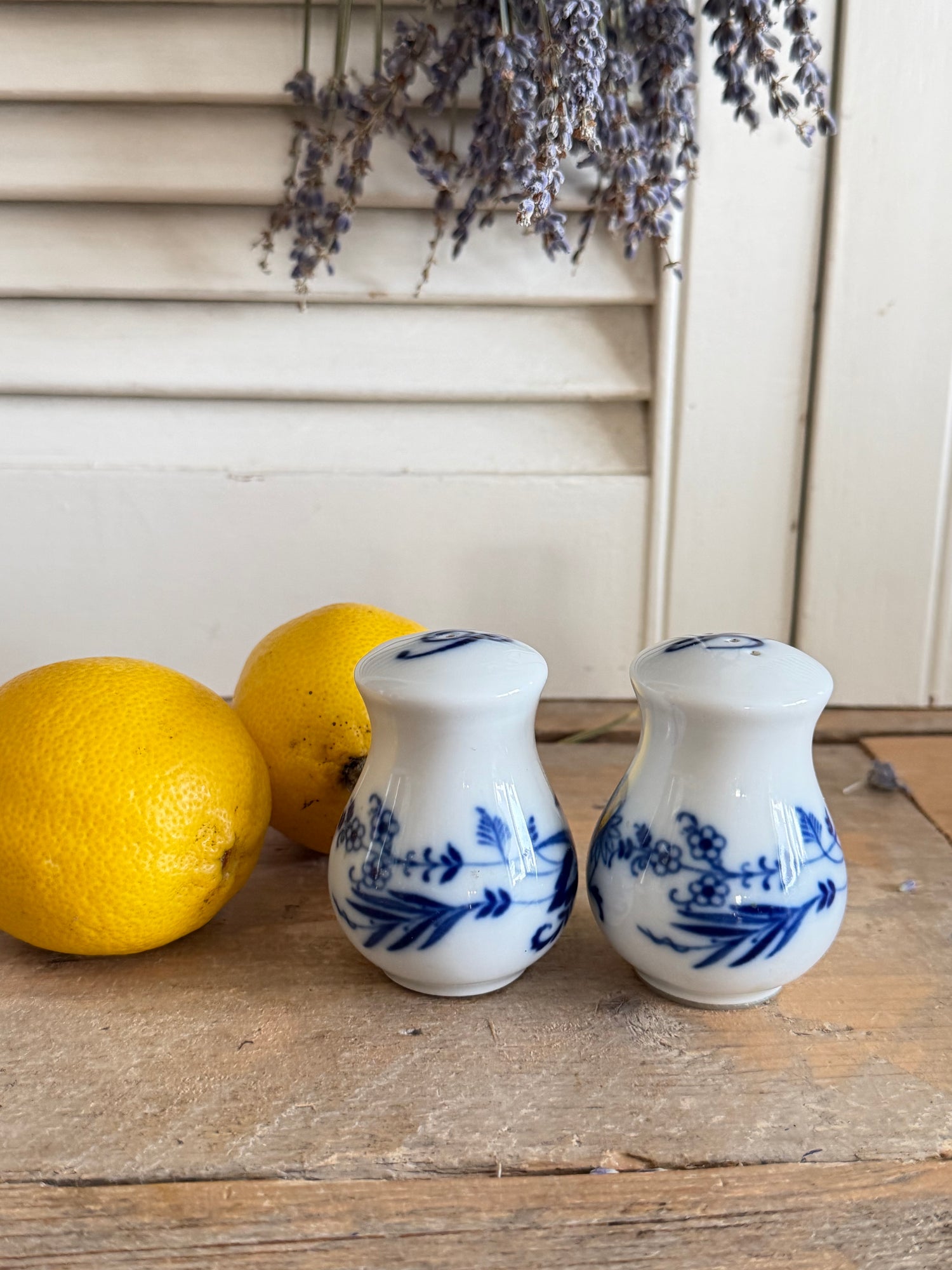 Vintage peper- en zoutstel, Zwiebelmuster, Blue Onion, peper- en zoutstrooiers, landelijk servies, Sofia&