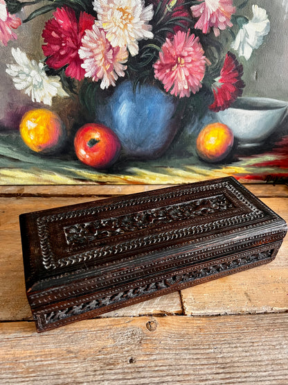 antieke Vizagapatam opbergdoos, Anglo-Indiase doos, sandelhouten doos, fijn houtsnijwerk India, antiek India souvenir, Vizagapatam souvenir doos, koloniale opbergdoos India