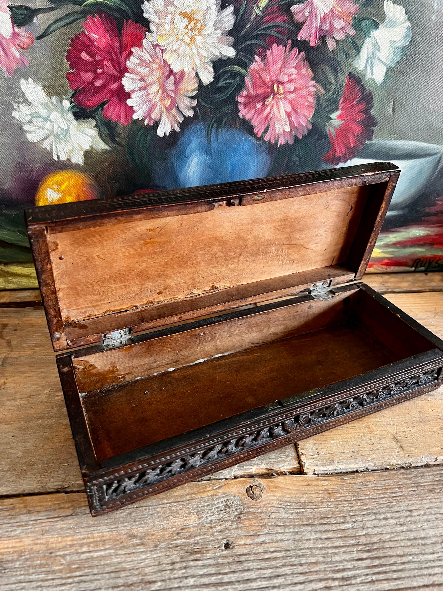 antieke Vizagapatam opbergdoos, Anglo-Indiase doos, sandelhouten doos, fijn houtsnijwerk India, antiek India souvenir, Vizagapatam souvenir doos, koloniale opbergdoos India