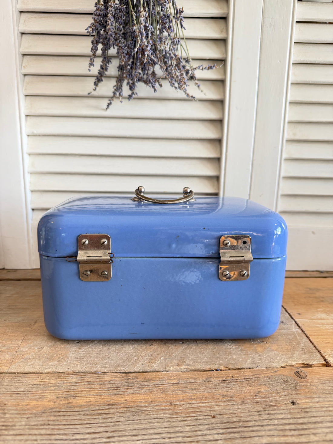 vintage emaille lunchbox jaren 50, blauwe emaille opbergbox, retro metalen lunchbox, Sofia&