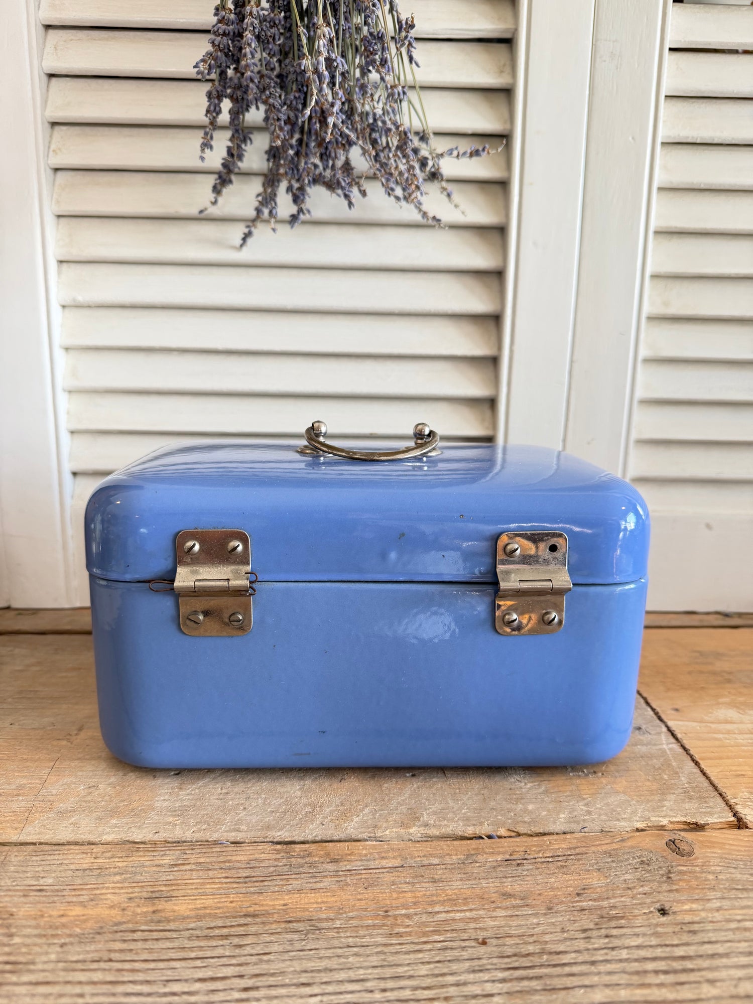 vintage emaille lunchbox jaren 50, blauwe emaille opbergbox, retro metalen lunchbox, Sofia&