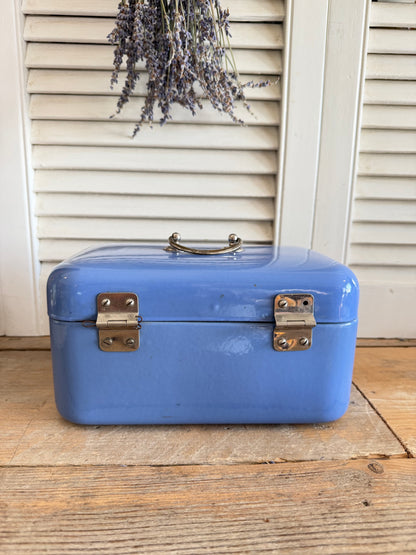 vintage emaille lunchbox jaren 50, blauwe emaille opbergbox, retro metalen lunchbox, Sofia&