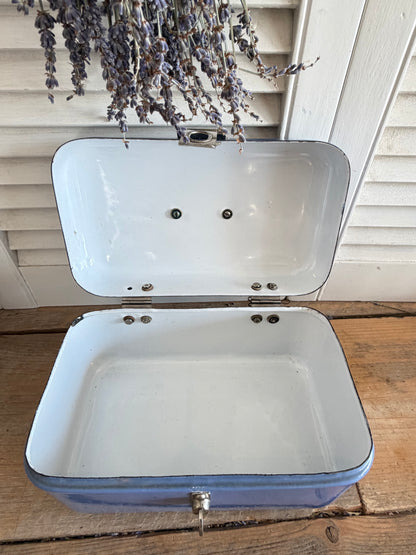 vintage emaille lunchbox jaren 50, blauwe emaille opbergbox, retro metalen lunchbox, Sofia&