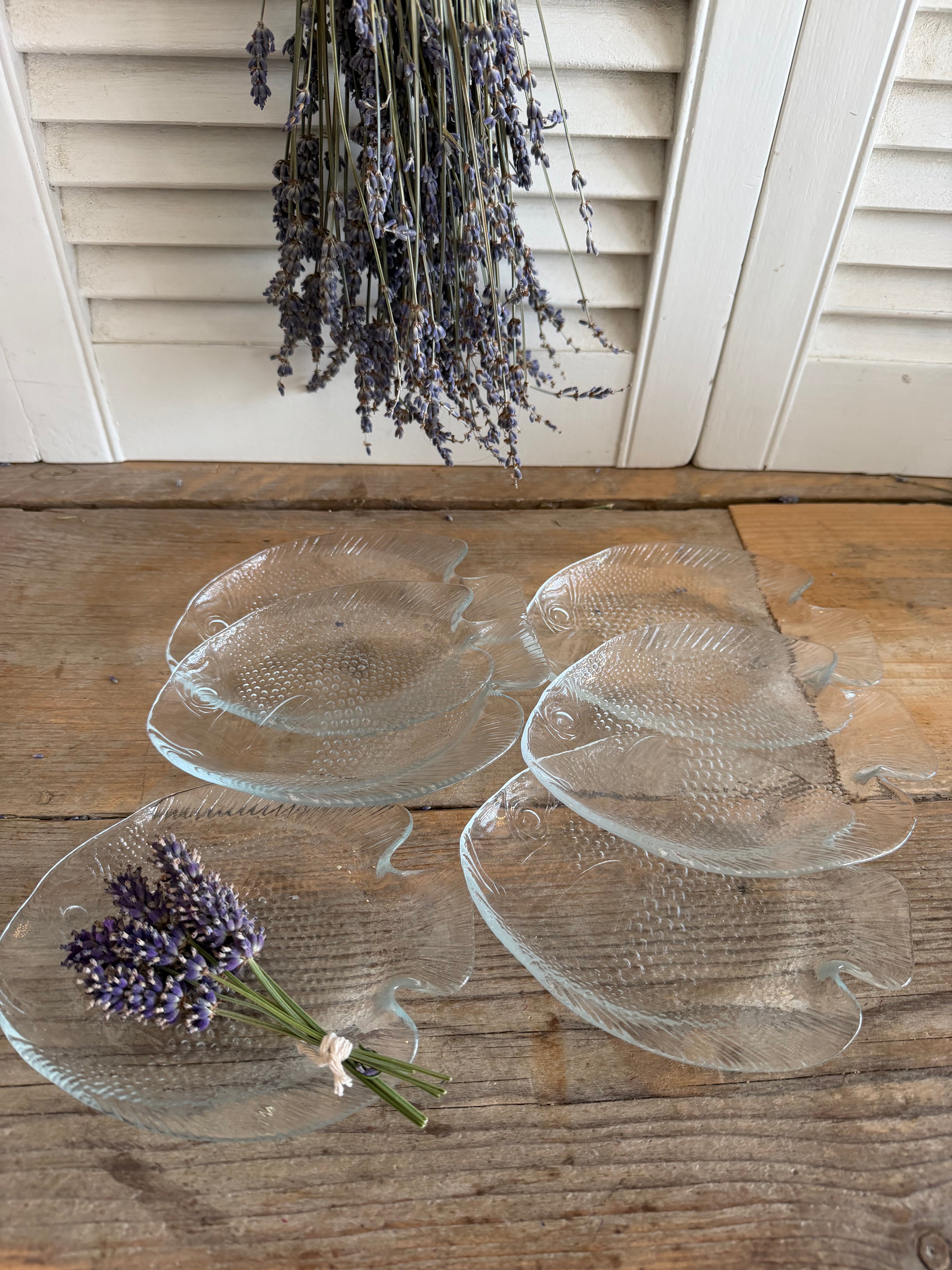 Vintage glazen visbordjes, visbordje glas, Franse brocante, arcoroc, tapasschaaltjes,, vintage tafelservies, Sofia&