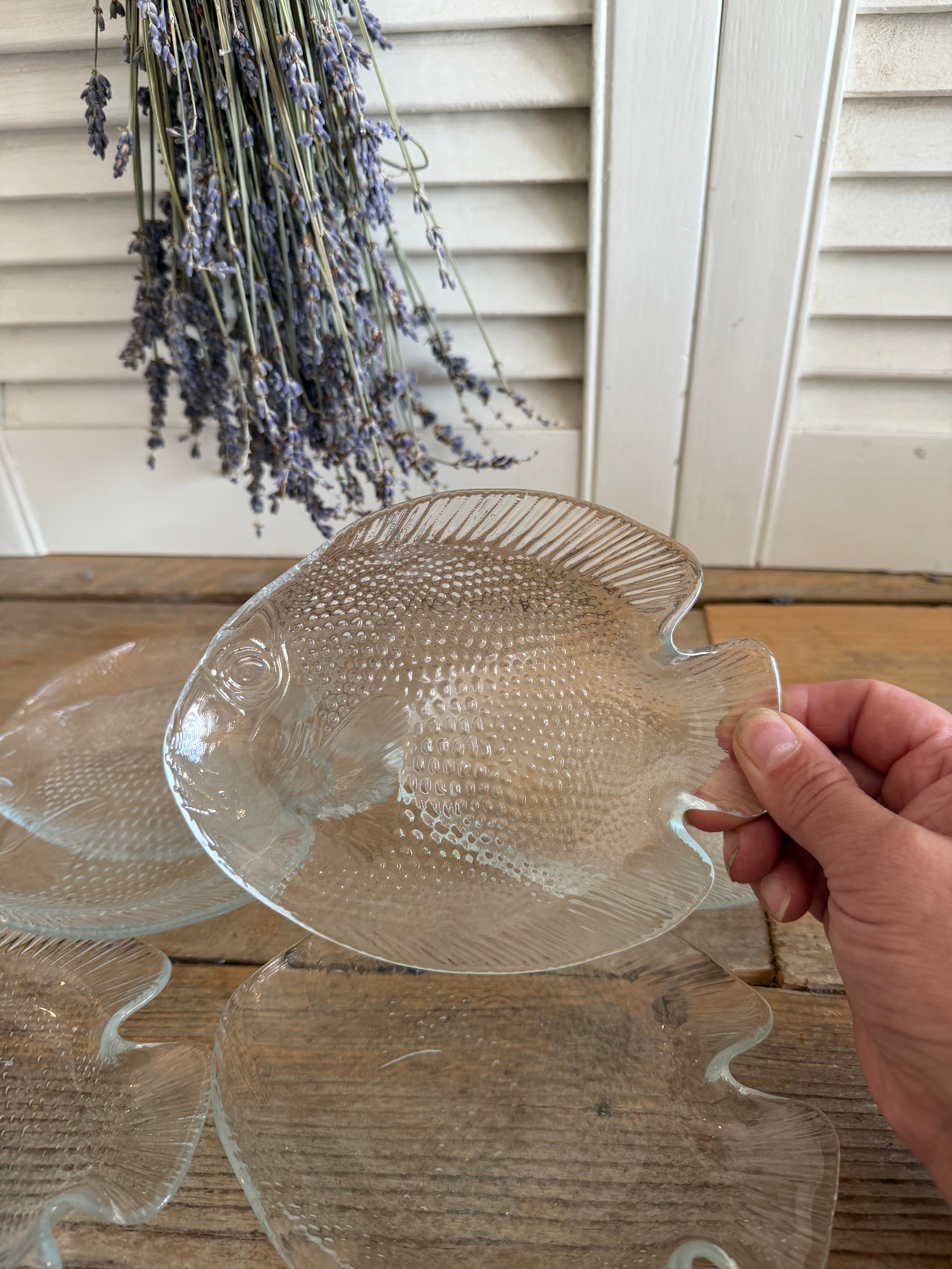 Vintage glazen visbordjes, visbordje glas, Franse brocante, arcoroc, tapasschaaltjes,, vintage tafelservies, Sofia&