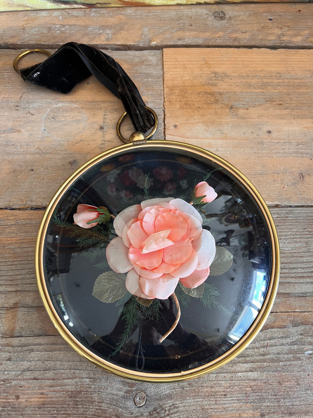 Vintage lijst bol glas roze roos 1970&