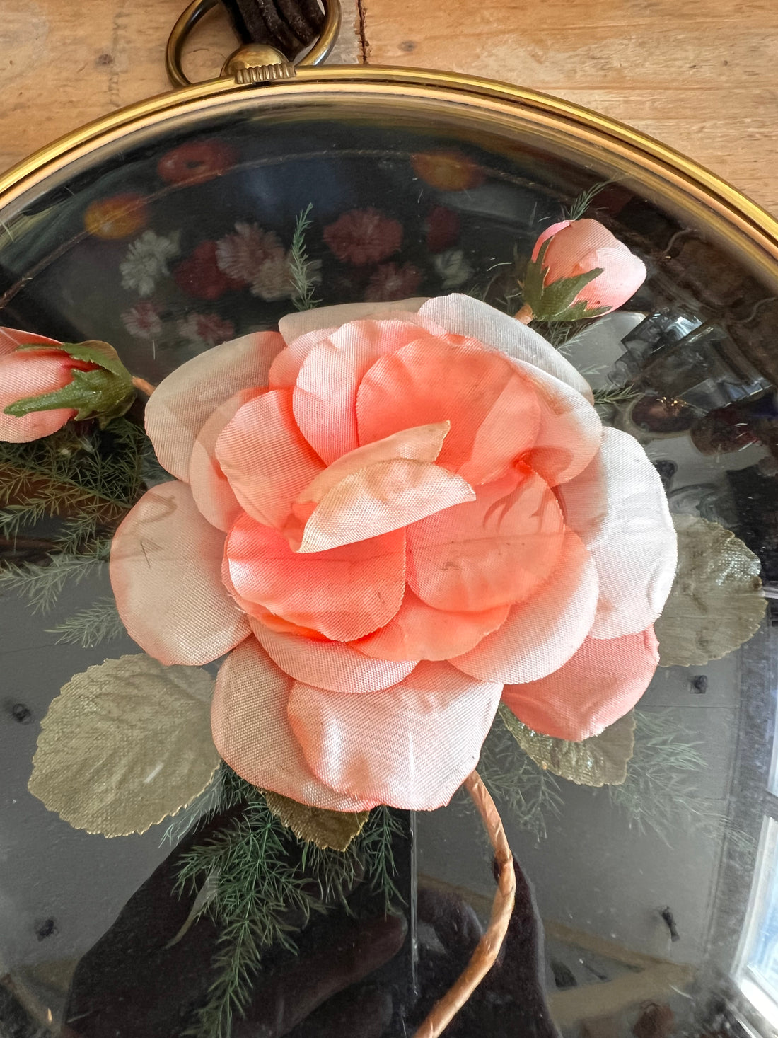 Vintage lijst bol glas roze roos 1970&