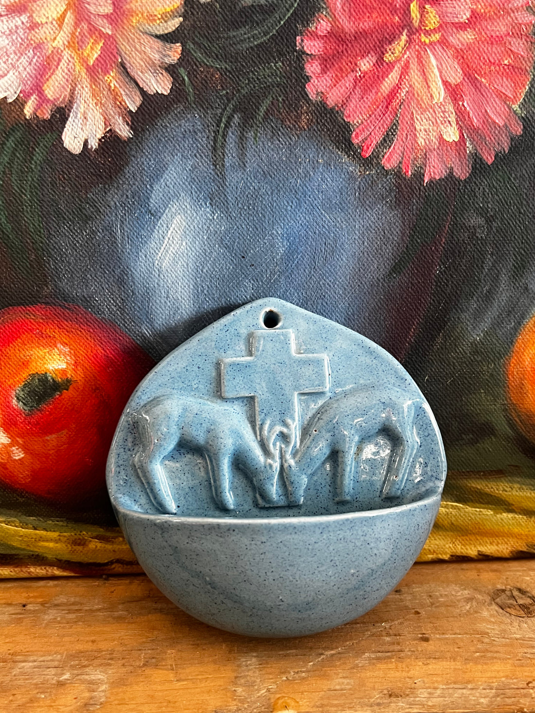 Wijwaterbakje blauw wijwaterbakje antiek brocante herten kruis
