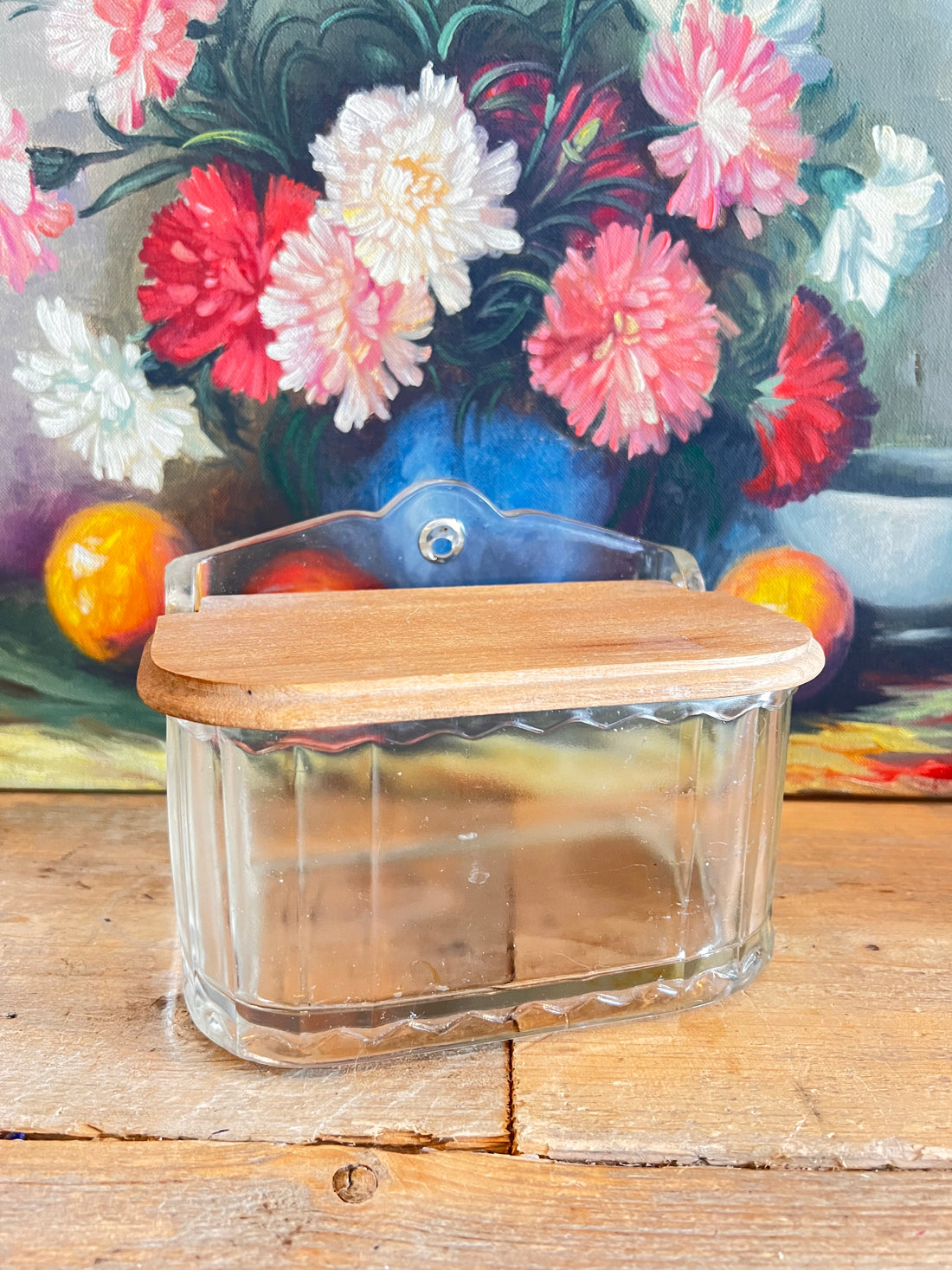 Brocante zoutpot van glas met houten deksel