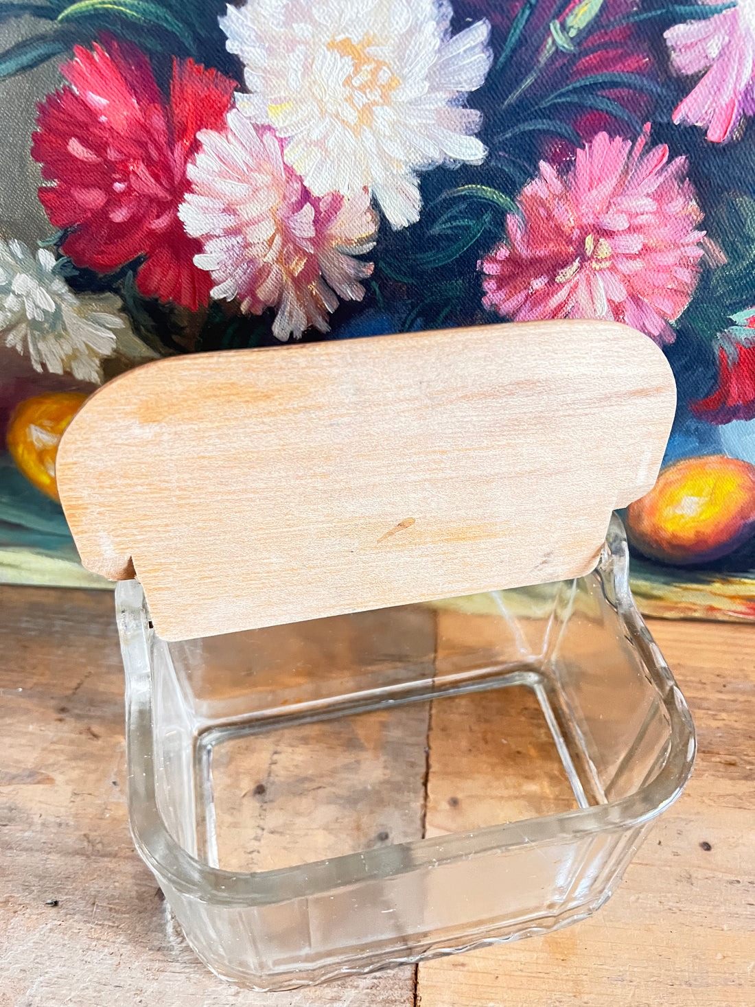 Brocante zoutpot van glas met houten deksel