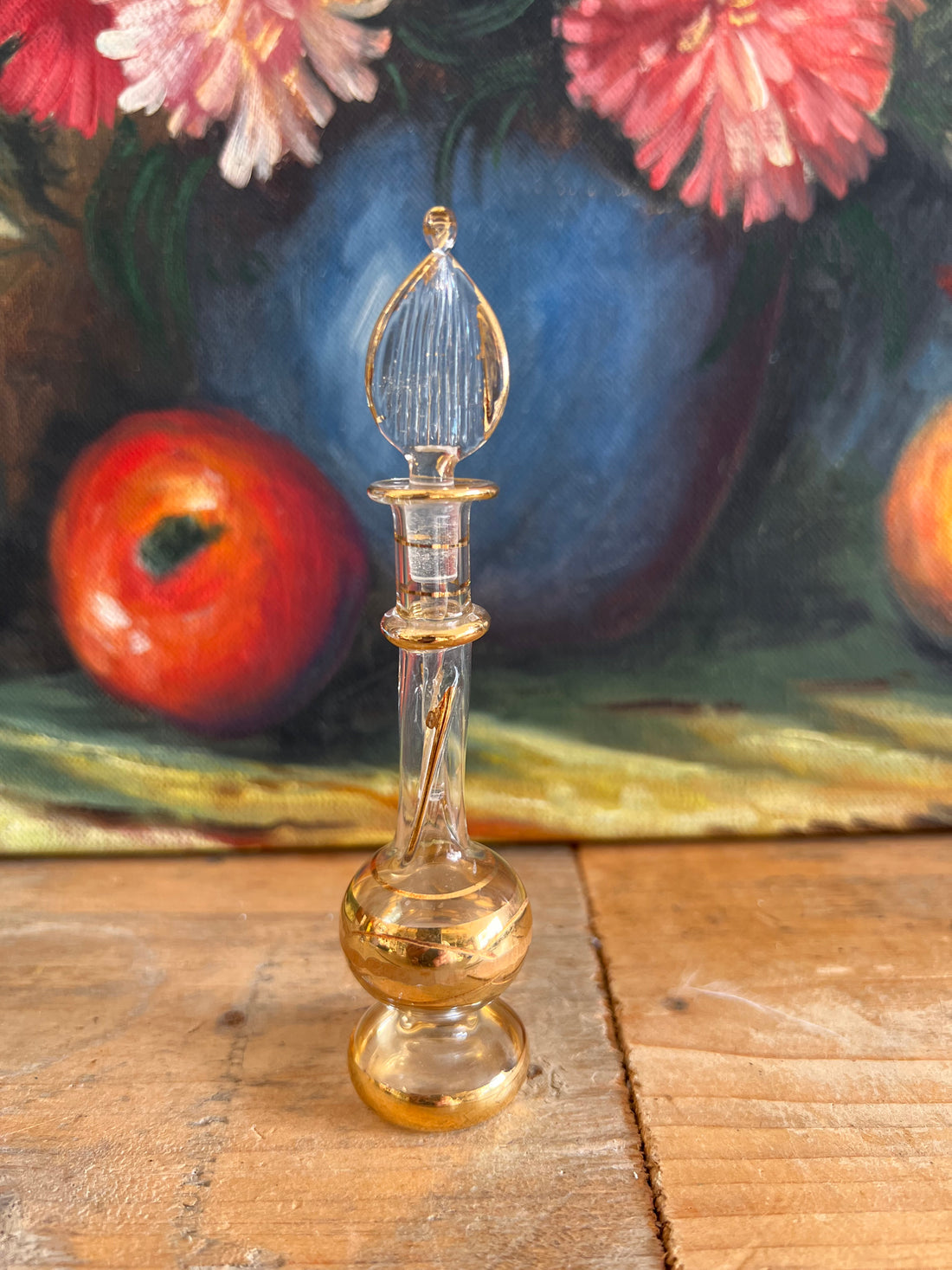 Egyptisch parfumflesje met goudkleurige accenten, parfumflesje glas,