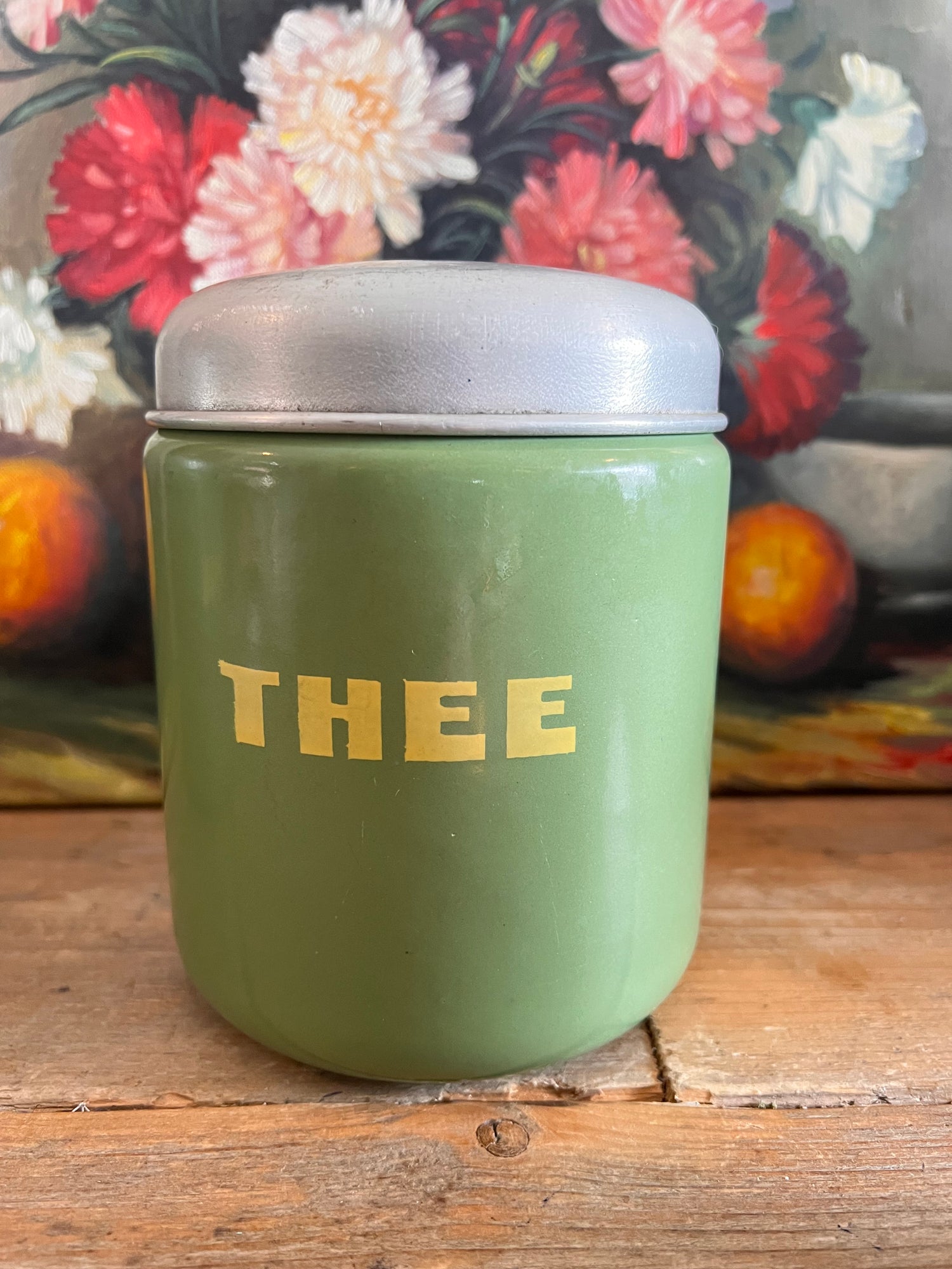 vintage voorraadbussen, emaille voorraadbussen, koffie thee suiker, oud Hollands, brocante, groen