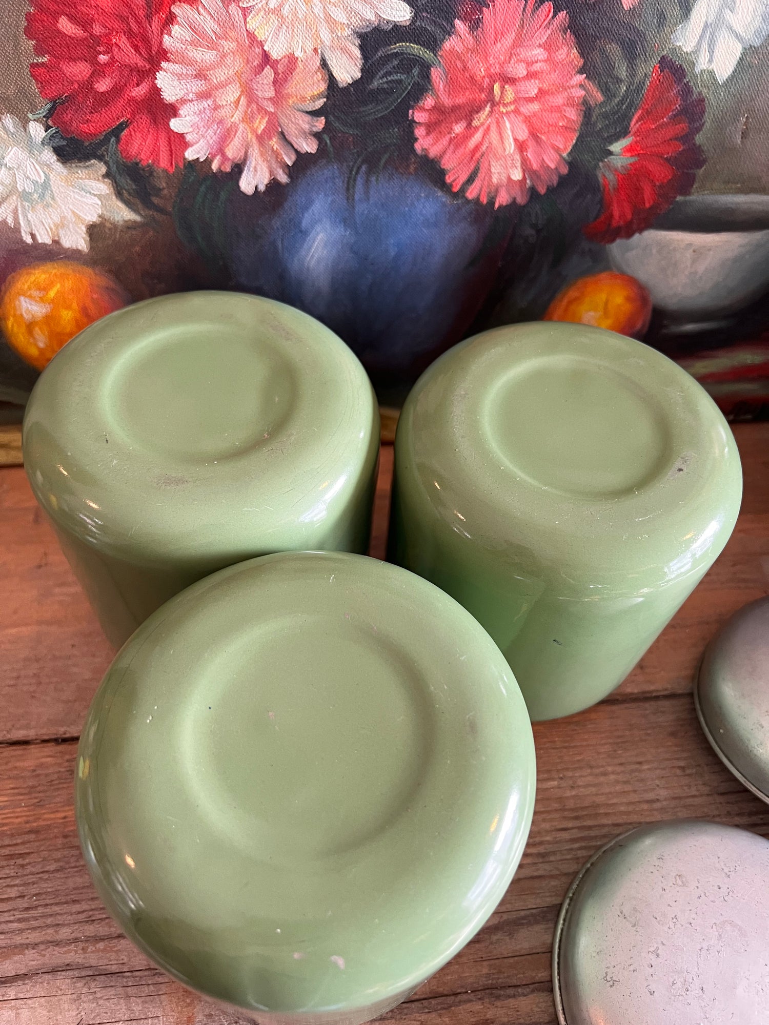 vintage voorraadbussen, emaille voorraadbussen, koffie thee suiker, oud Hollands, brocante, groen