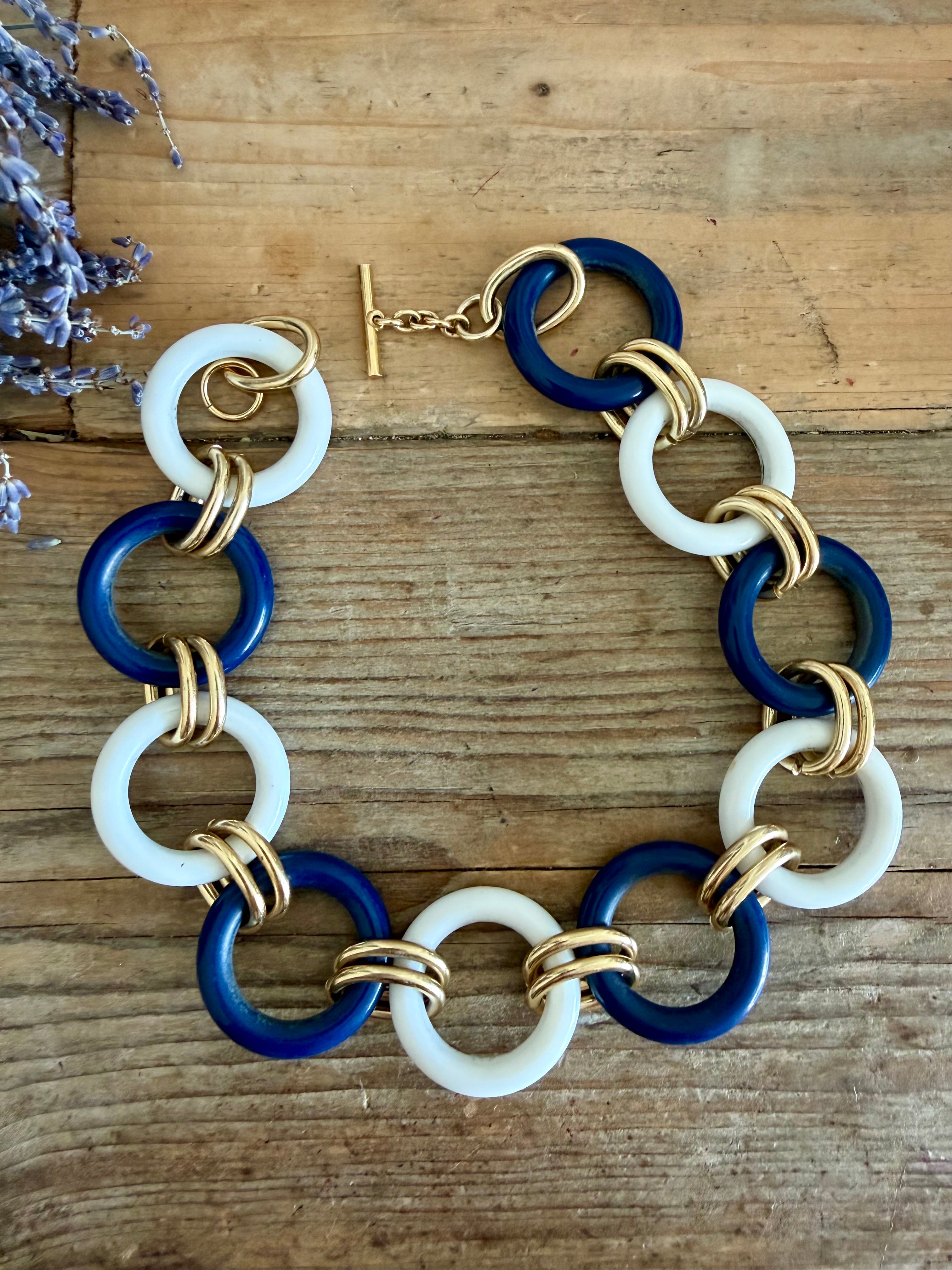 Vintage kunststof ketting,vintage statement ketting, grove schakelketting, blauw witte ketting, nautische ketting, Sofia&