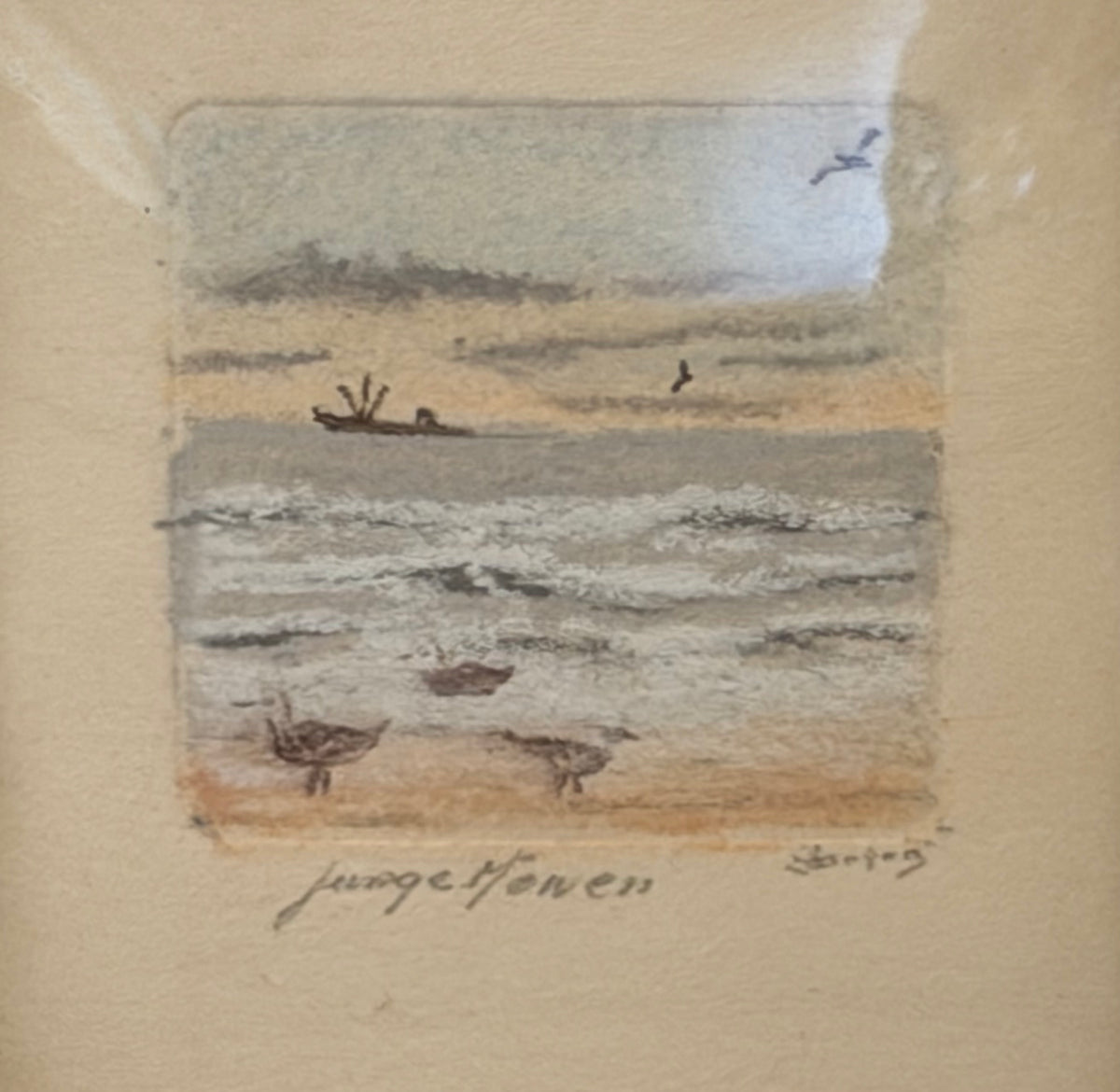 Klein gesigneerd kustlandschap in vintage lijstje