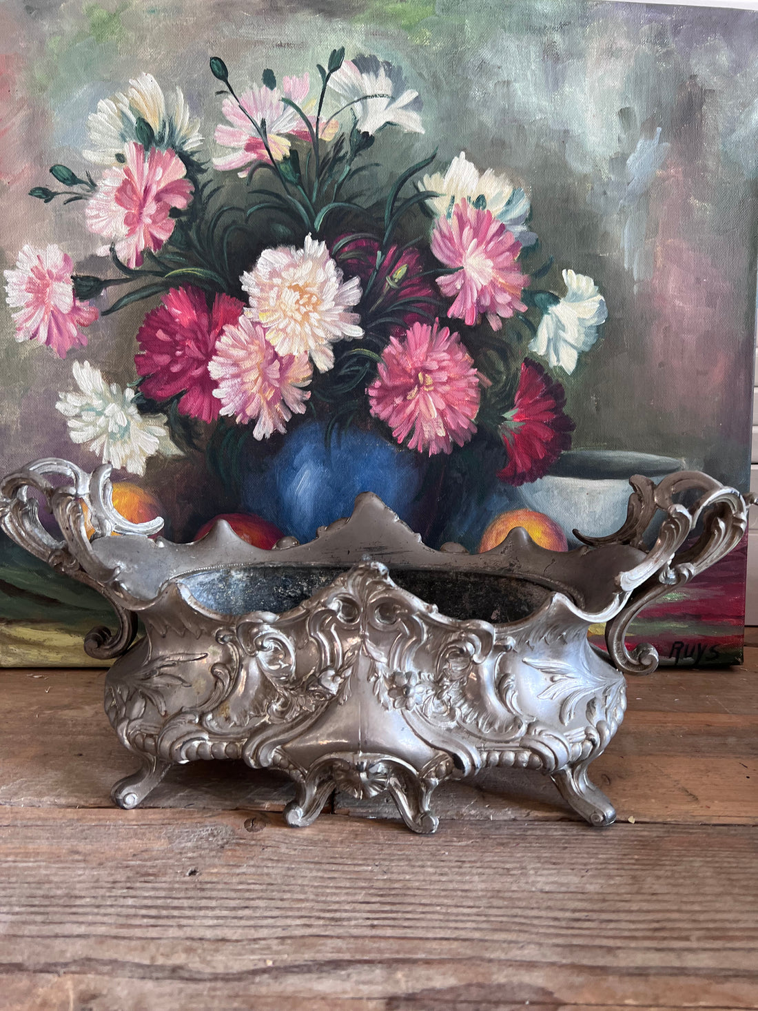 antieke Franse jardinière, tinnen jardinière circa 1900, vintage plantenbak tin, Franse vintage decoratie, antieke tuinaccessoires, klassieke tinnen plantenbak, oude Franse jardinière, decoratieve plantenbak.