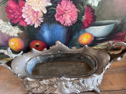 antieke Franse jardinière, tinnen jardinière circa 1900, vintage plantenbak tin, Franse vintage decoratie, antieke tuinaccessoires, klassieke tinnen plantenbak, oude Franse jardinière, decoratieve plantenbak.