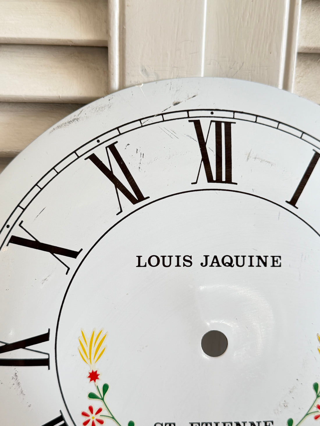 Aluminium klokwijzerplaat, oude aluminium wijzerplaat, Franse aluminium klokplaat, Franse brocante decoratie, vintage Franse klokwijzerplaat, vintage uurwerk decoratie, Saint Etienne klok, Louis Jaquine St. Etienne, Sofia&