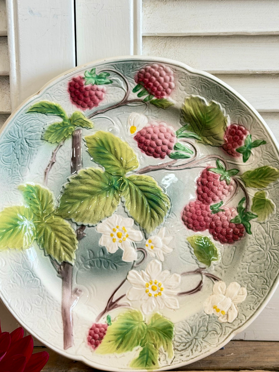 Frans barbotine bord, Saint Clement bord, Saint Clement France, vintage Frans keramiek, barbotine fruit, majolica bord Frankrijk, Frans aardewerk, Franse brocante keramiek, botanische brocante, Sofia&