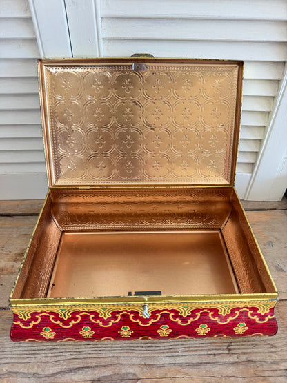 Vintage blik, oud blik met sleutel, vintage bewaarkistje, metalen sierkistje, decoratief blik, rood goud blik, vintage opbergblik,juwelenkistje vintage, brocante blik,vintage storage tin, Sofia&