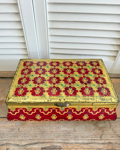 Vintage blik, oud blik met sleutel, vintage bewaarkistje, metalen sierkistje, decoratief blik, rood goud blik, vintage opbergblik,juwelenkistje vintage, brocante blik,vintage storage tin, Sofia&
