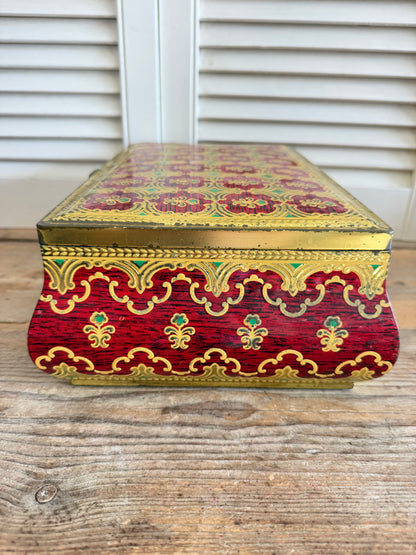 Vintage blik, oud blik met sleutel, vintage bewaarkistje, metalen sierkistje, decoratief blik, rood goud blik, vintage opbergblik,juwelenkistje vintage, brocante blik,vintage storage tin, Sofia&
