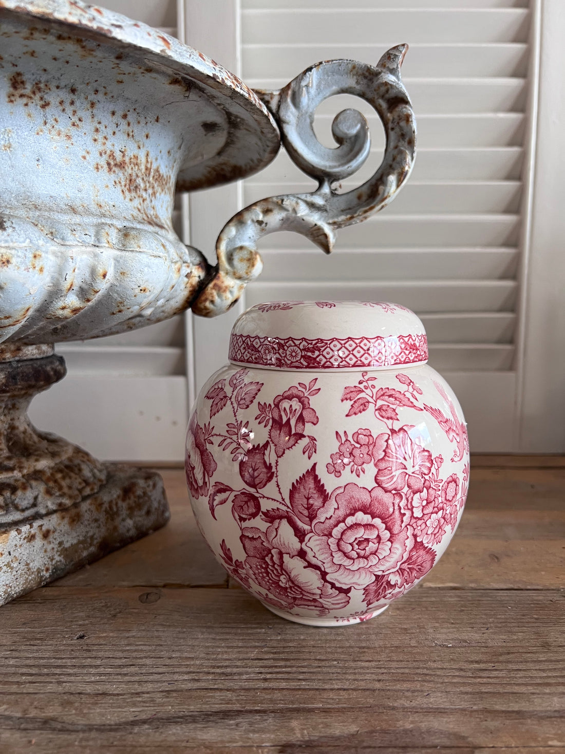 Vintage gemberpot, Mason’s Stratford, Mason’s Stratford gemberpot roze, keramische gemberpot vintage, retro keukenpot, vintage Mason’s Stratford pot, gemberpot kopen, landelijke keukenaccessoires