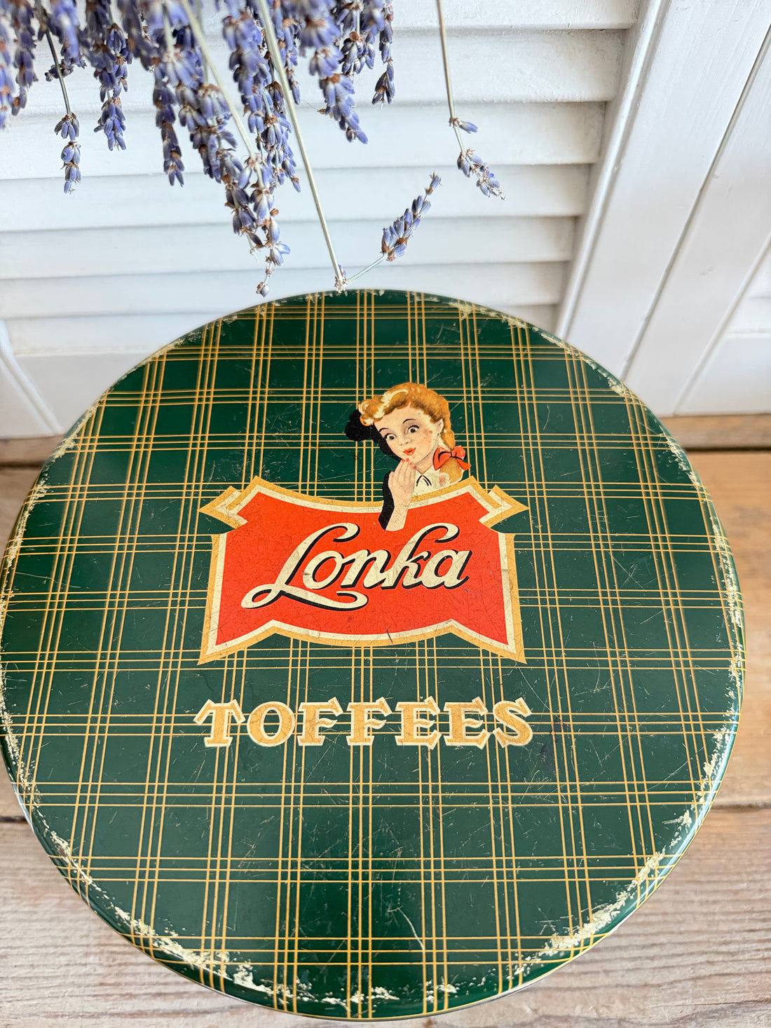 vintage Lonka Toffees  blik, Lonka blik groen, retro snoepblik Lonka, London Caramel Works, Sofia&