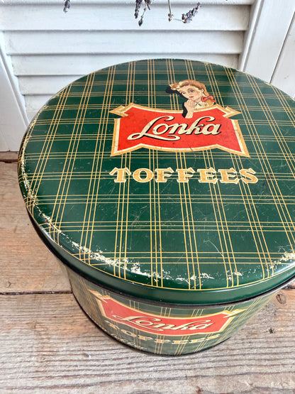 vintage Lonka Toffees  blik, Lonka blik groen, retro snoepblik Lonka, London Caramel Works, Sofia&