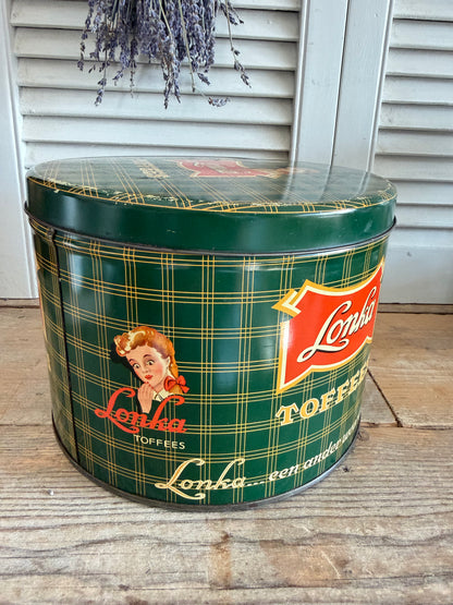 vintage Lonka Toffees  blik, Lonka blik groen, retro snoepblik Lonka, London Caramel Works, Sofia&