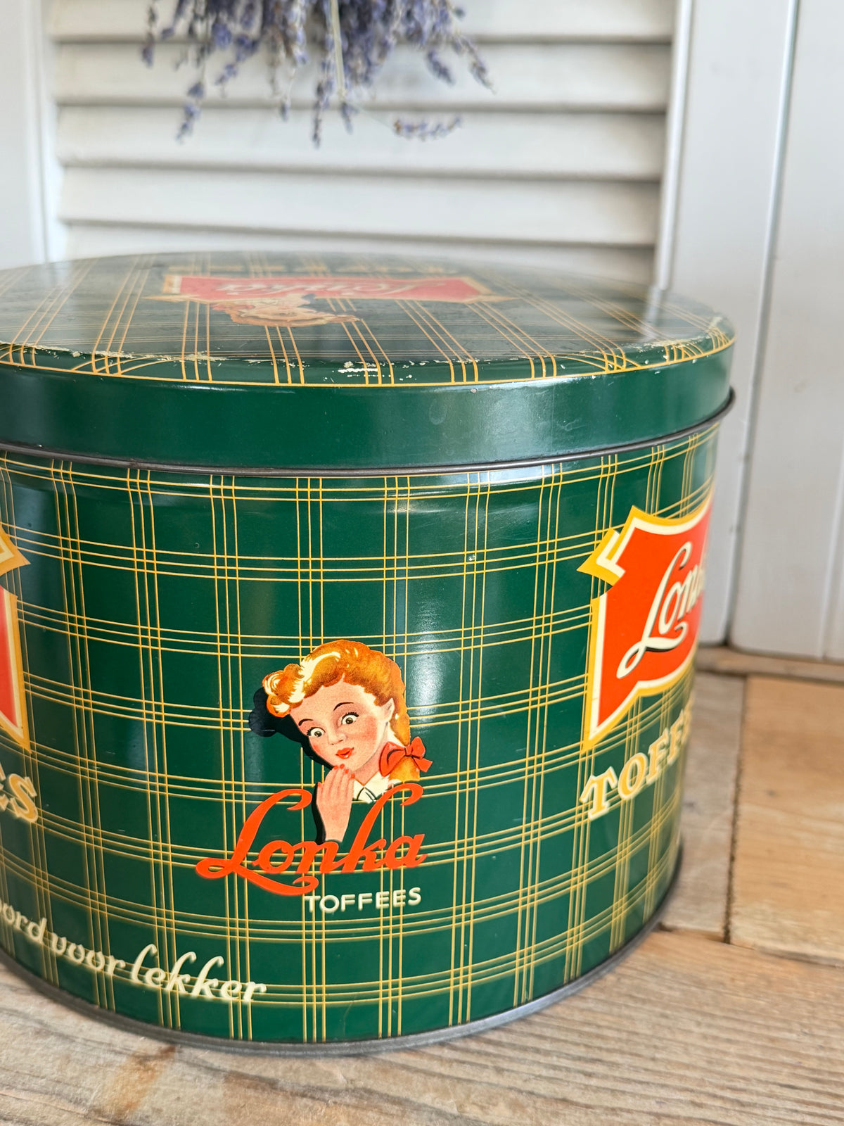 vintage Lonka Toffees  blik, Lonka blik groen, retro snoepblik Lonka, London Caramel Works, Sofia&
