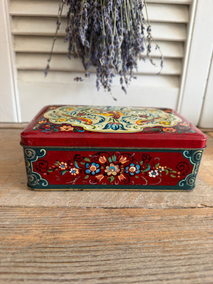 Douwe Egberts blik, oud Douwe Egberts blik, vintage DE blik, Douwe Egberts vogelblik volkskunst,, vintage koffieblik, jaren 60 blik, jaren 70 blik, folkloristisch blik, vintage opbergblik, Nederlands vintage blik, Sofia&
