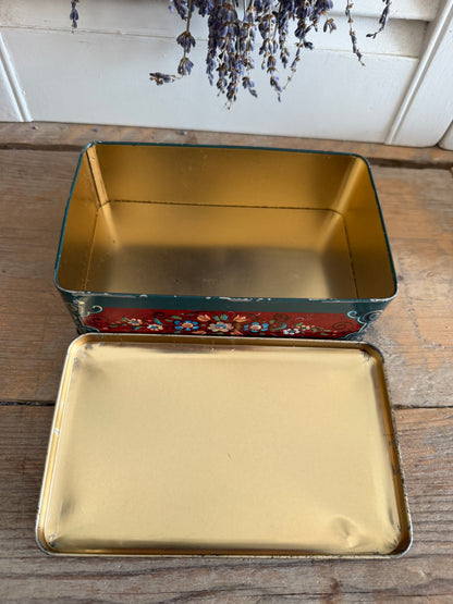 Douwe Egberts blik, oud Douwe Egberts blik, vintage DE blik, Douwe Egberts vogelblik volkskunst,, vintage koffieblik, jaren 60 blik, jaren 70 blik, folkloristisch blik, vintage opbergblik, Nederlands vintage blik, Sofia&