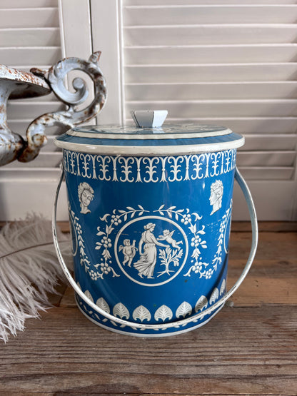 vintage Baret Ware blik, Baret Ware jaren 50, Baret Ware jaren 60, Wedgwood Jasperware stijl, vintage blik blauw wit, retro decoratie blik, vintage opberger, klassieke decoratie blik