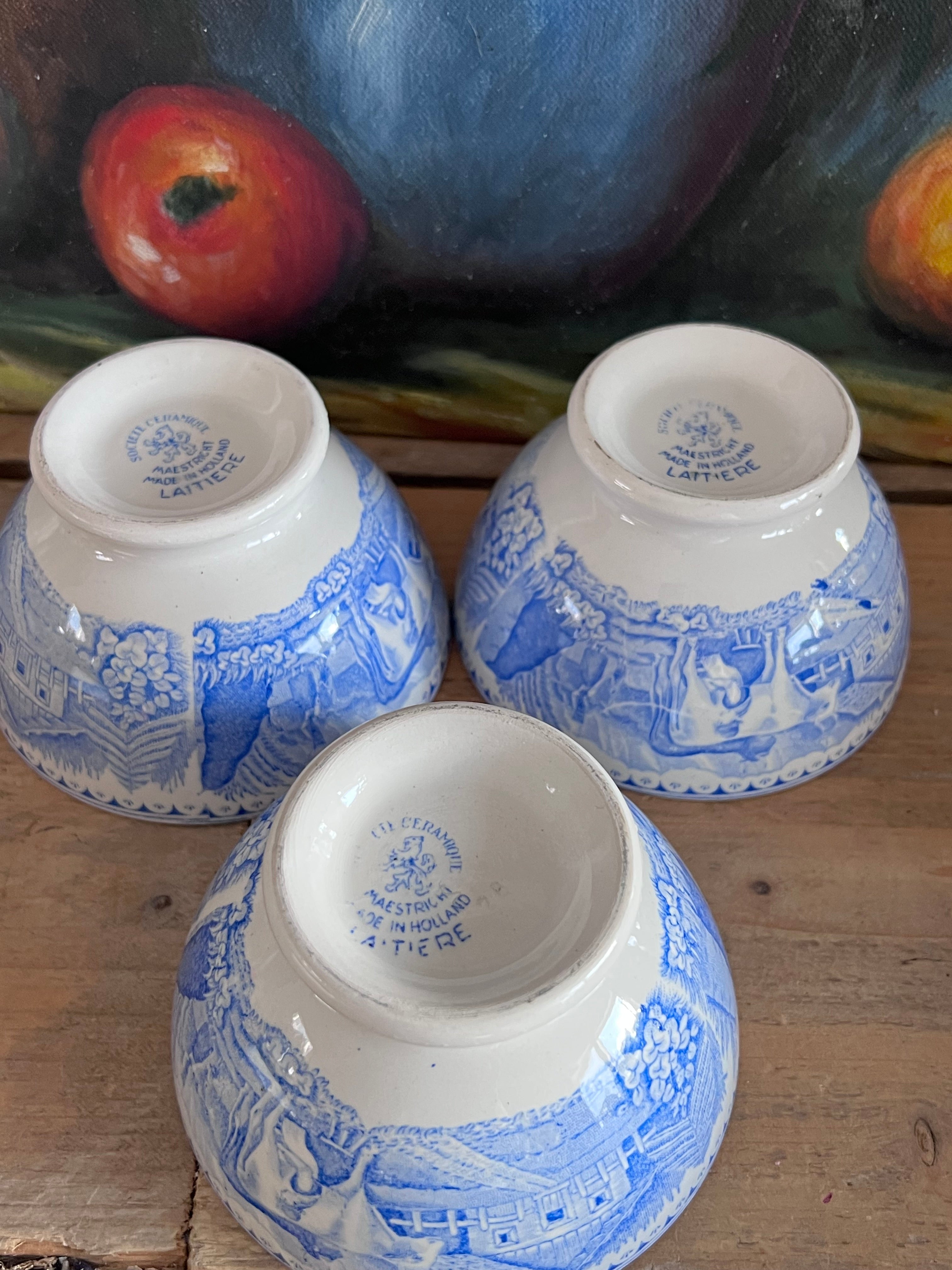 antieke spoelkom aardewerk, Société Céramique spoelkom, laitière blauwe vingerkom, vintage aardewerk kom, antiek keramiek, Franse keramiek spoelkom, decoratieve spoelkom, antiek servies Société Céramique.