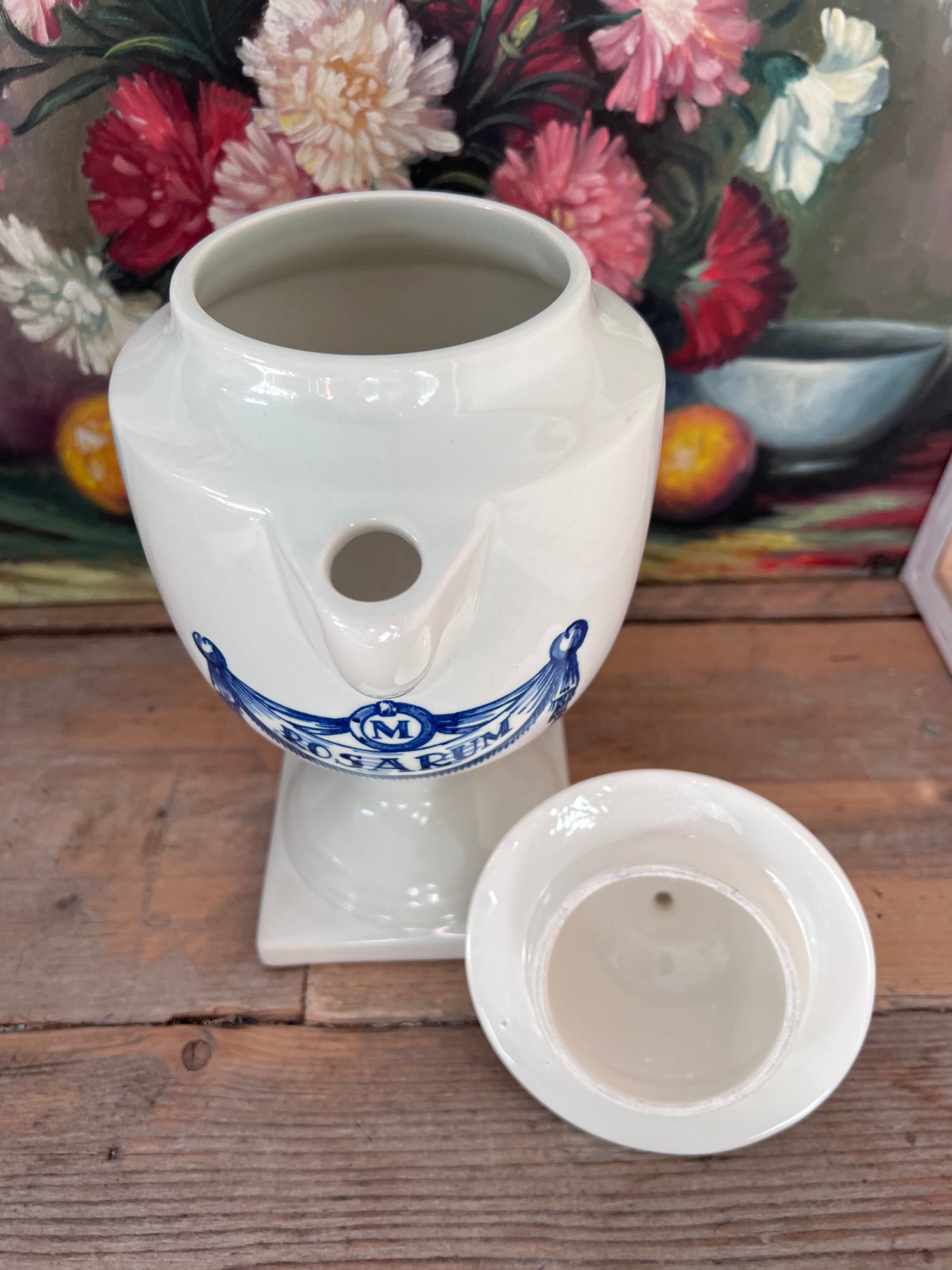 apothekerspot vintage, Interpharm voorraadpot, keramische apothekerspot, rosarum pot, vintage medicijnpot, apothekersdecoratie, kruidenpot keramiek