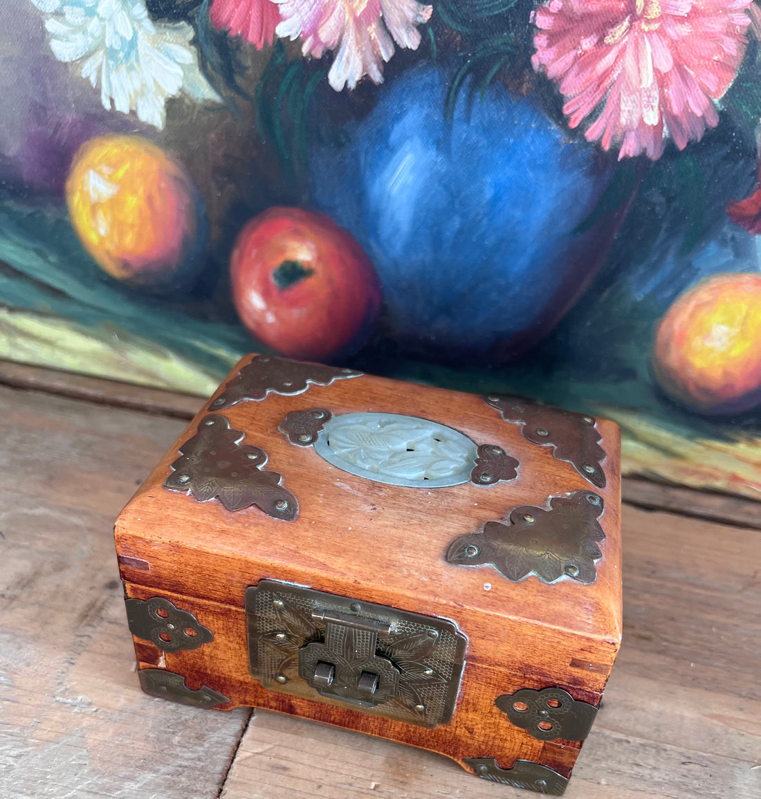 Chinees sieradenkistje, Chinees vintage sieradenkistje, hout, ingelegd met jade, handgemaakt, vintage 