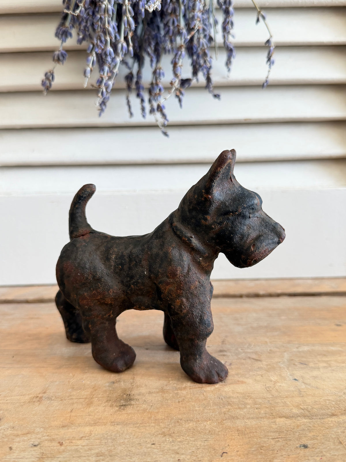 vintage deurstopper hond, gietijzeren deurstopper, gietijzeren Scottie deurstopper, Scottie dog, cast iron dog doorstop, Sofia&