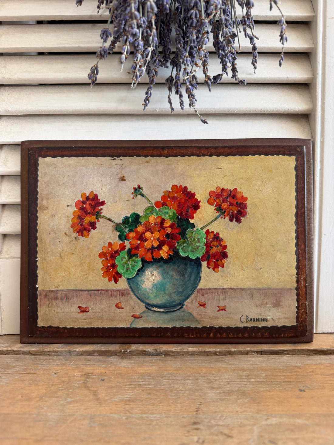 vintage bloemstilleven, vintage schilderij bloemen, schilderij geraniums,gallery wall vintage, vintage wanddecoratie, Sofia&