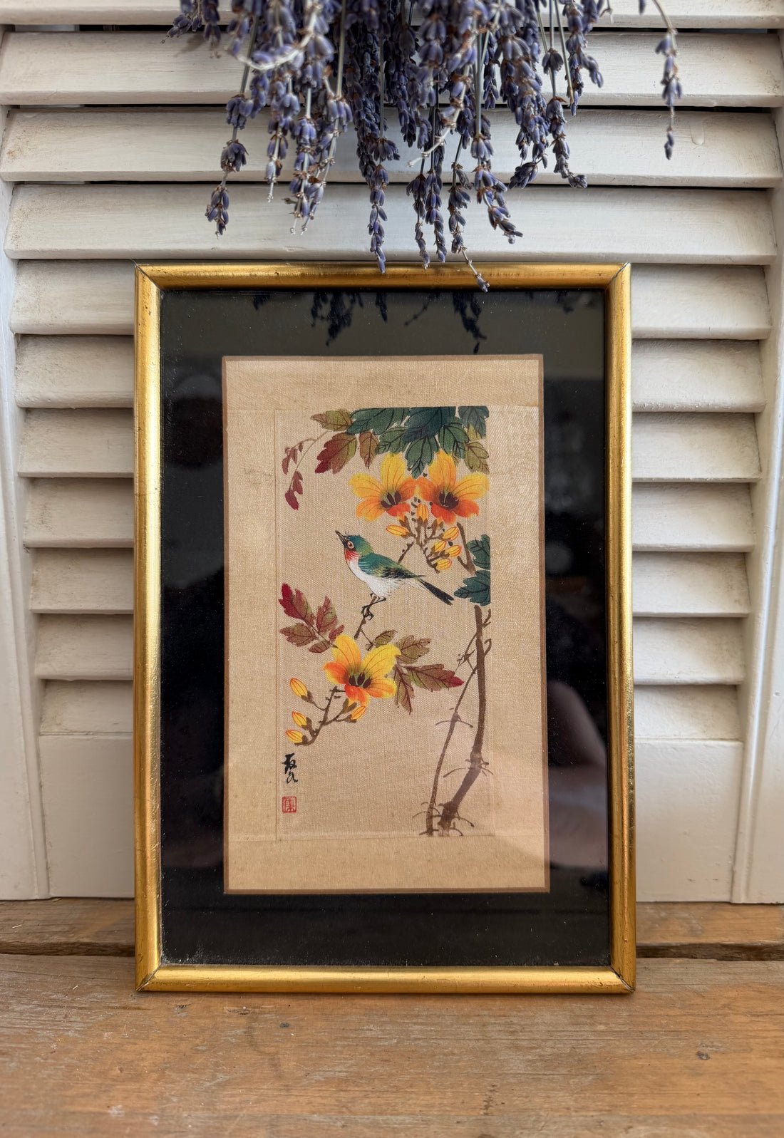 Chinees schilderij zijde, vintage schilderij vogel, bloemen op zijde, Oosters kunstwerk, Aziatische wanddecoratie, ingelijst zijdeschilderij, Sofia&